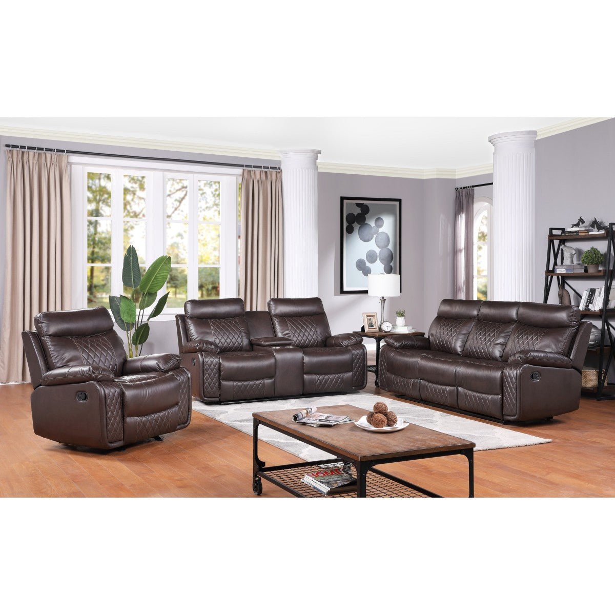 Brown Solid Wood And Plywood Faux Leather Upholstery Double Room Seat Set (Sofa, Love And Chair)