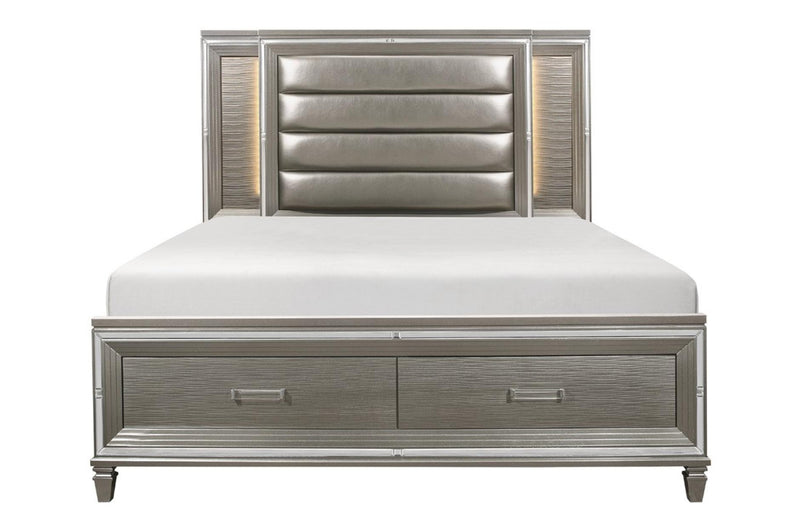 Tamsin Silver Gray Solid Wood Faux Leather Upholstered LED Storage Platform Bedroom Set