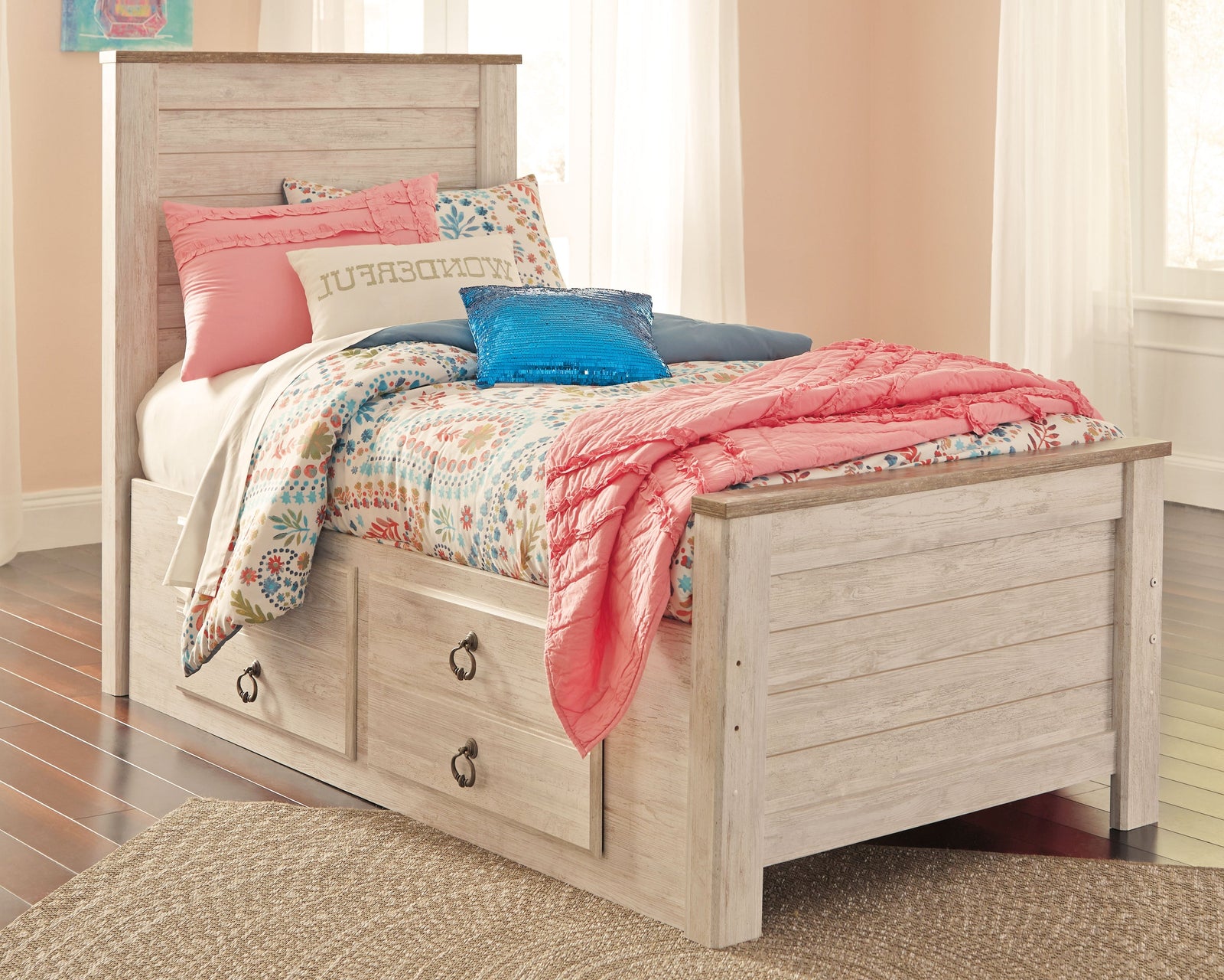 Willowton Whitewash Twin Panel Bed With 2 Storage Drawers