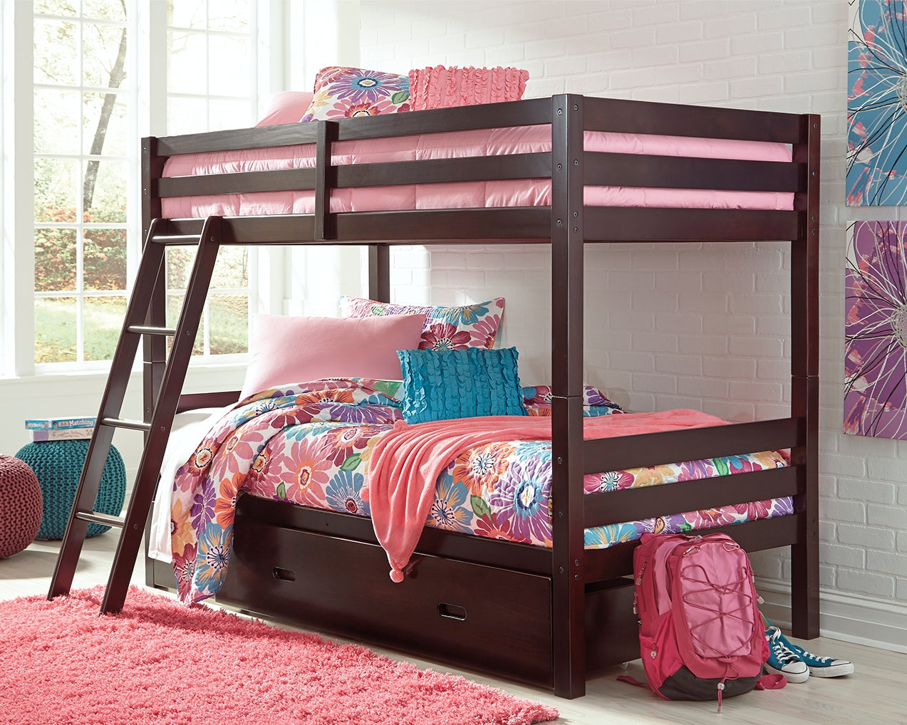 Halanton Dark Brown Twin Over Bunk Bed With 1 Large Storage Drawer