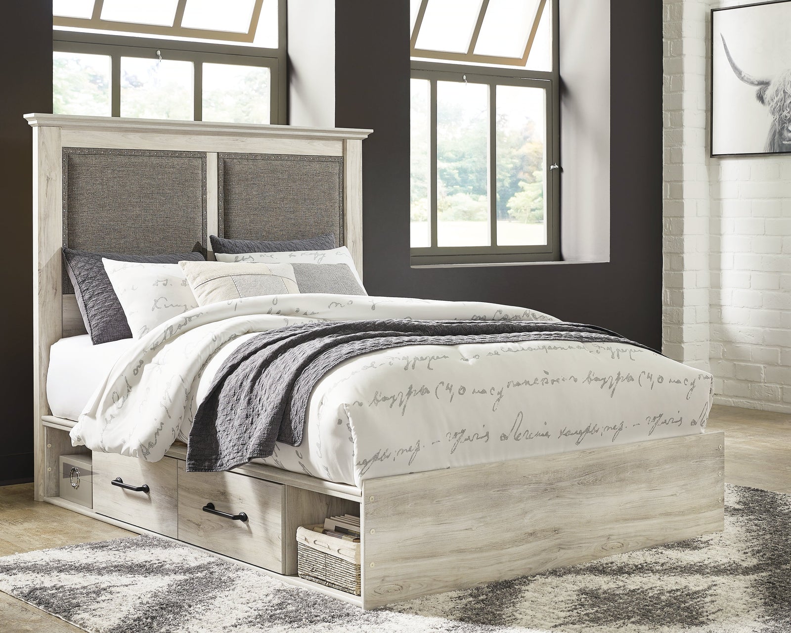 Cambeck Whitewash Queen Upholstered Panel Storage Bed