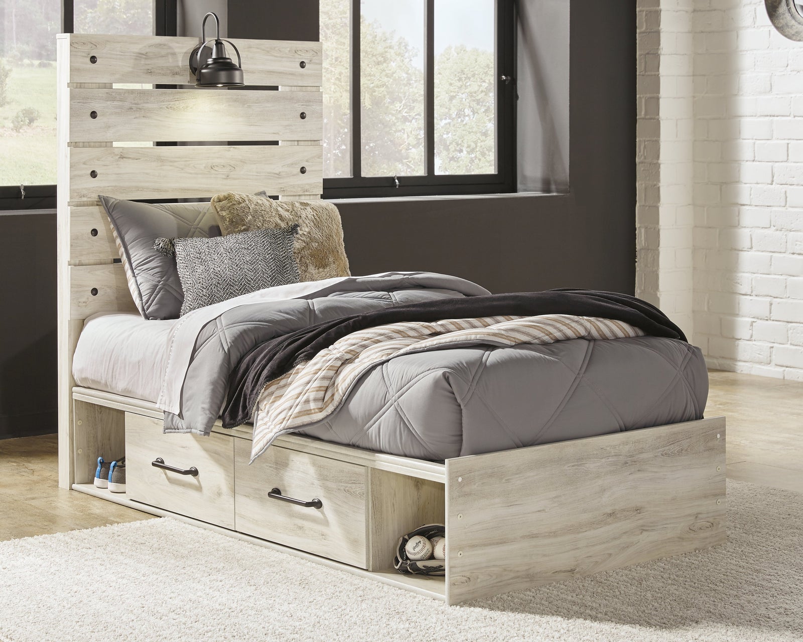 Cambeck Whitewash Twin Panel Bed With 2 Storage Drawers