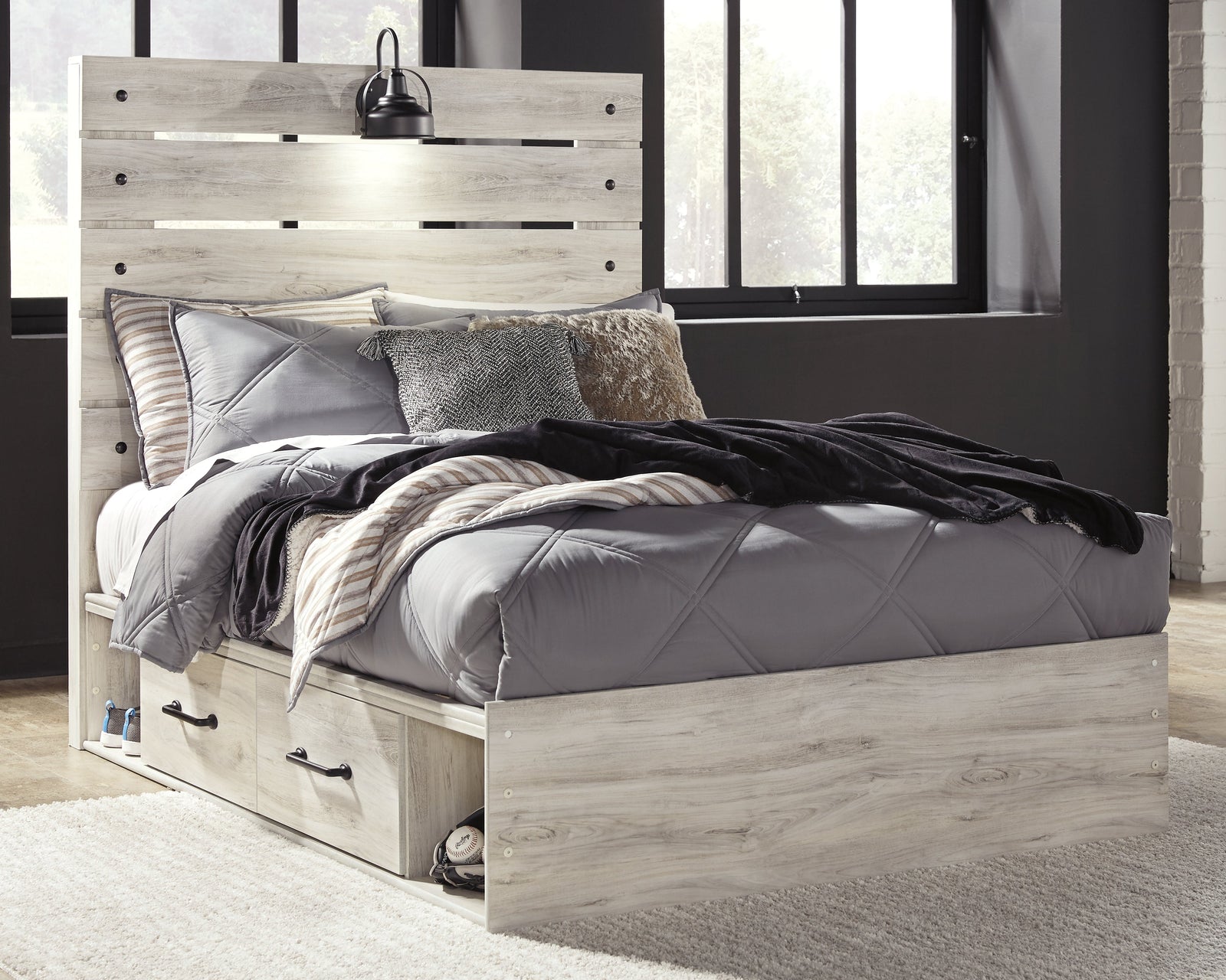 Cambeck Whitewash Full Panel Bed With 2 Storage Drawers