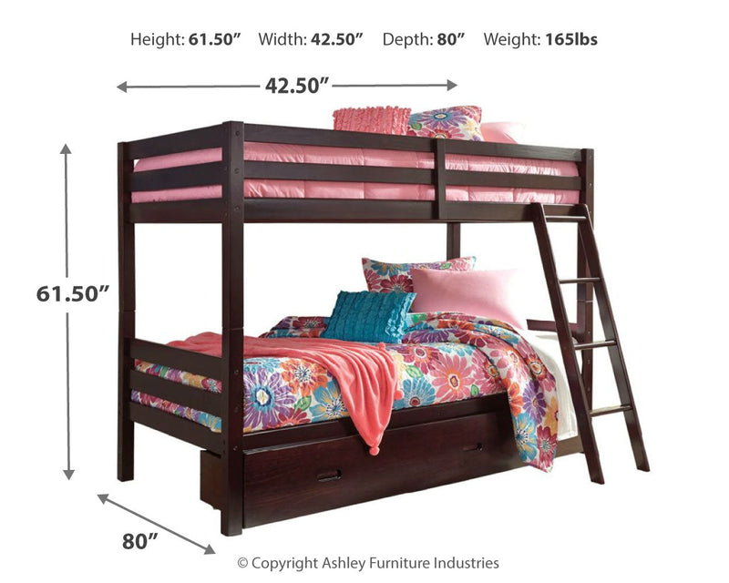 Halanton Dark Brown Twin Over Bunk Bed With 1 Large Storage Drawer