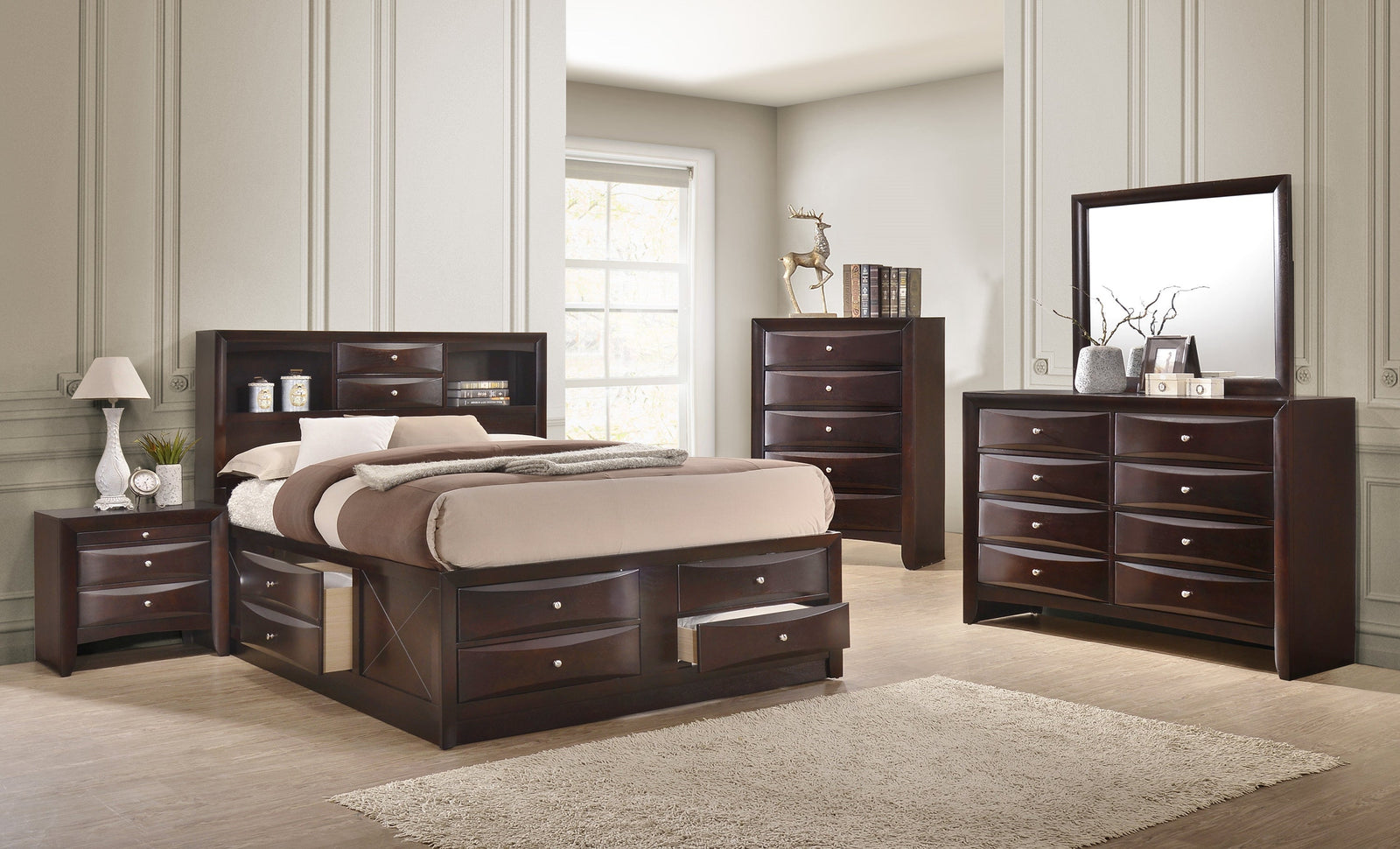 Emily Dark Cherry Modern Transitional Wood Storage Platform Bedroom Set