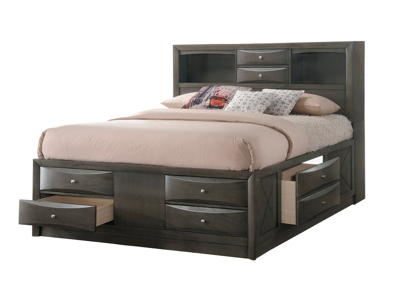 Emily Gray Bookcase Storage Upholstered Platform King Bed