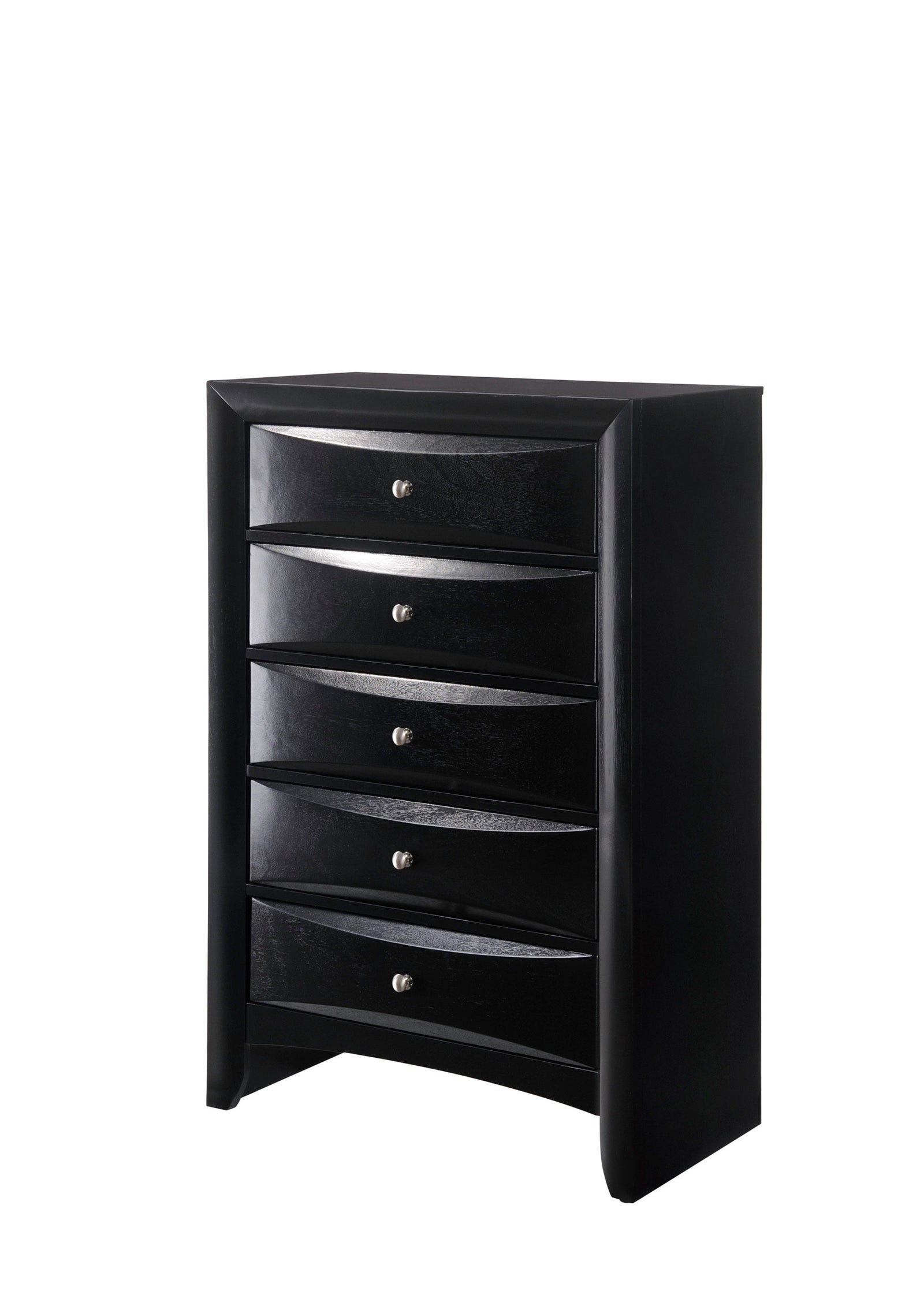 Black Emily Chest, Contemporary Modern Wood, Silver Nickel Knob 5 Drawers