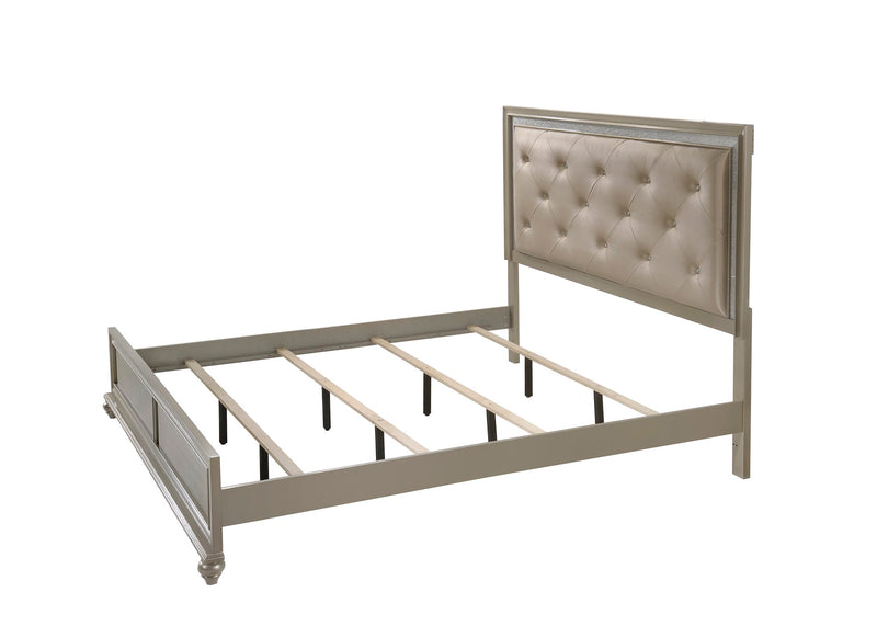 Lila Champagne Modern Metal And Wood King Faux Leather Upholstered Tufted Panel Bed