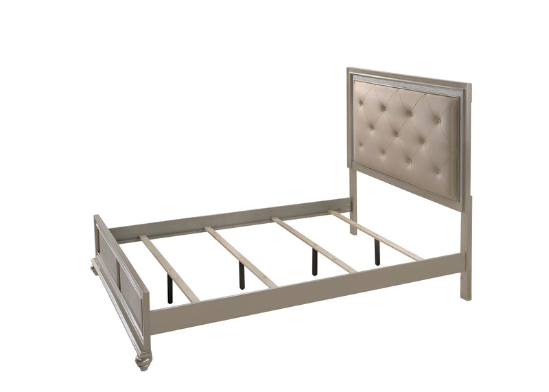 Lila Champagne Modern Metal And Wood Queen Faux Leather Upholstered Tufted Panel Bed
