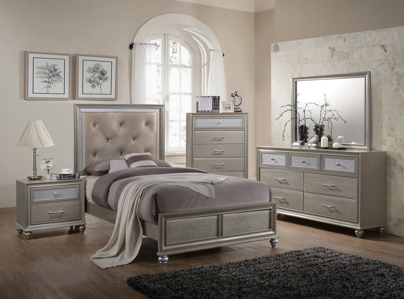 Lila Dresser Champagne With Crystal Accent Finish, Modern Wood And Veneers, Solid Metal Knob And Bar Pull Hardware
