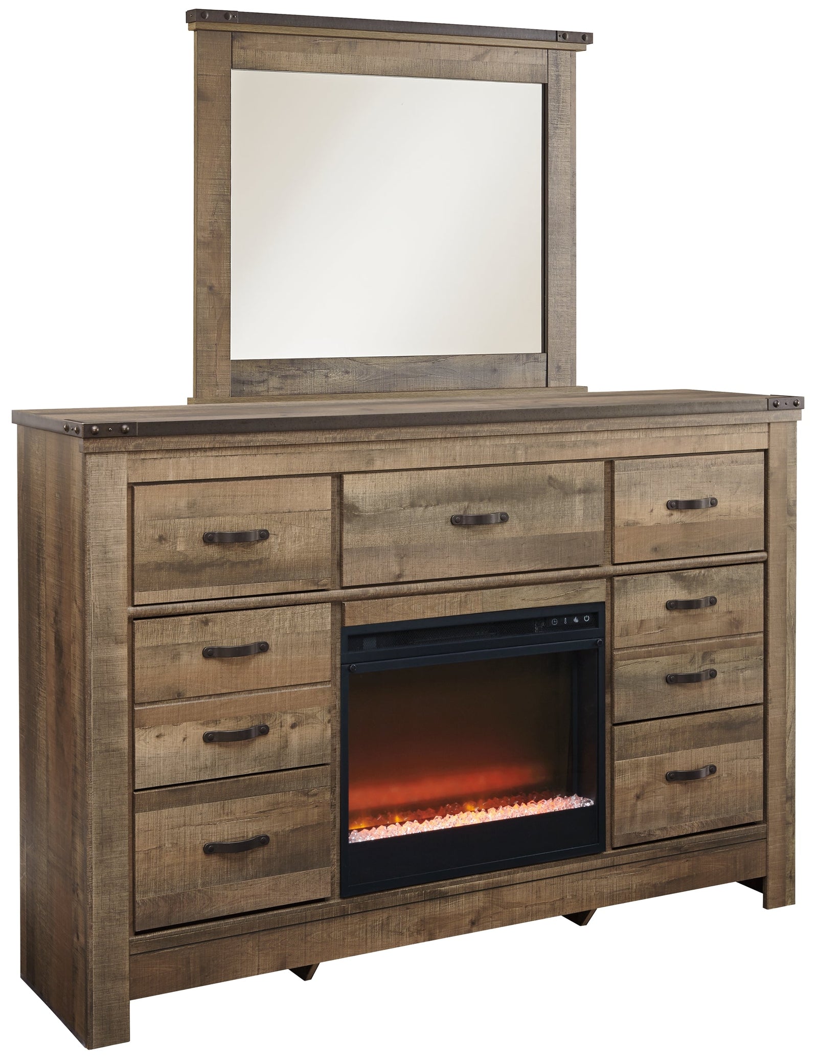 Trinell Brown Dresser And Mirror With Fireplace