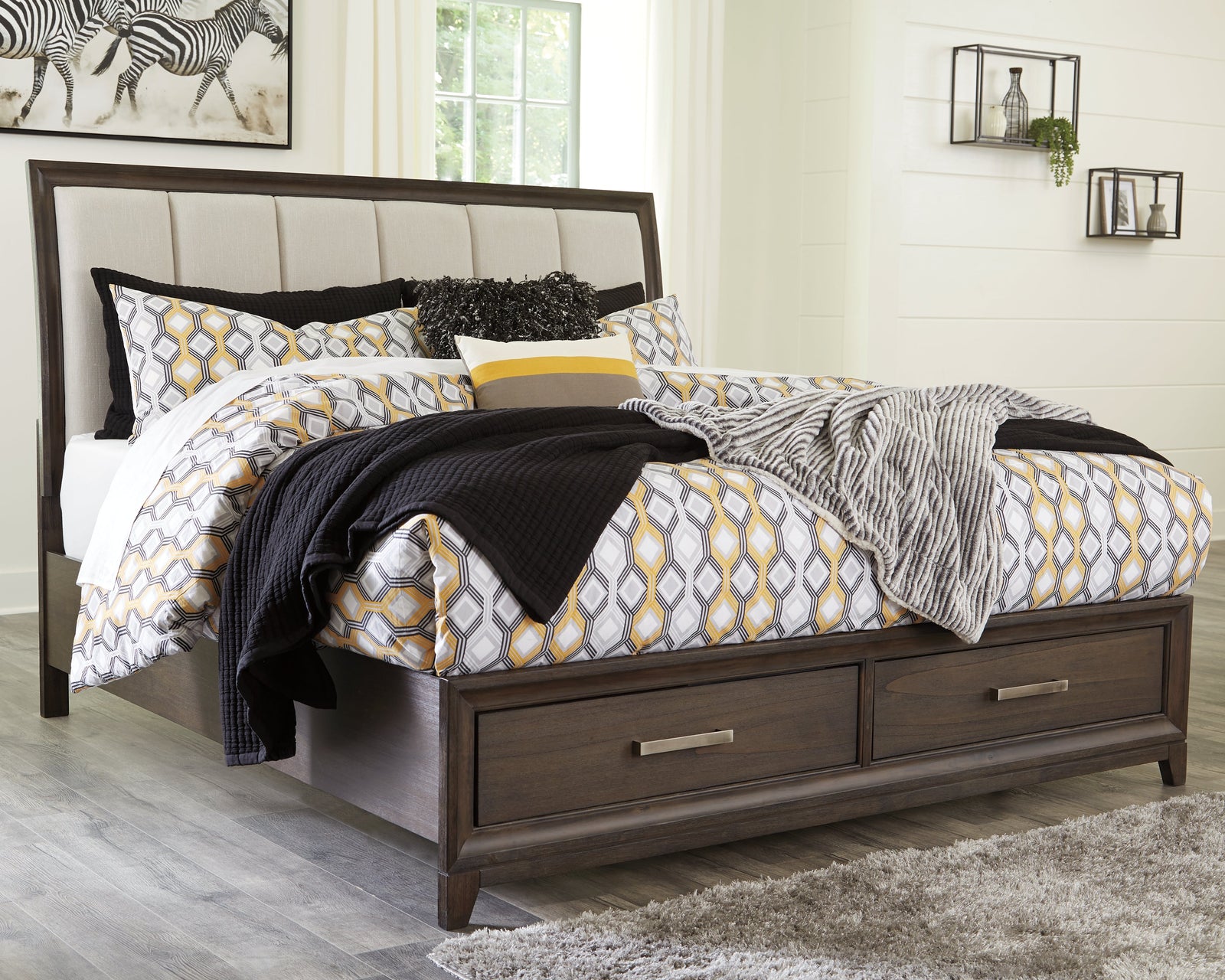 Brueban Rich Brown Gray King Panel Bed With 2 Storage Drawers