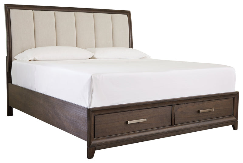 Brueban Rich Brown Gray King Panel Bed With 2 Storage Drawers