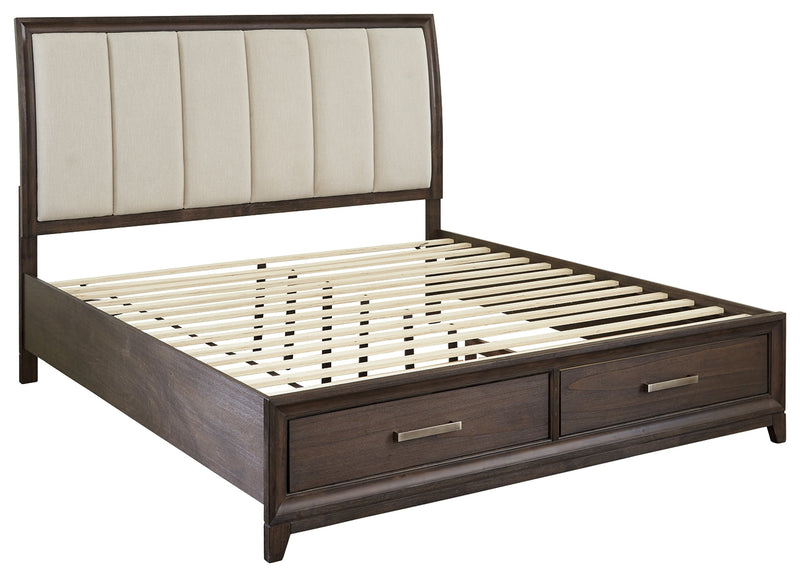 Brueban Rich Brown Gray King Panel Bed With 2 Storage Drawers