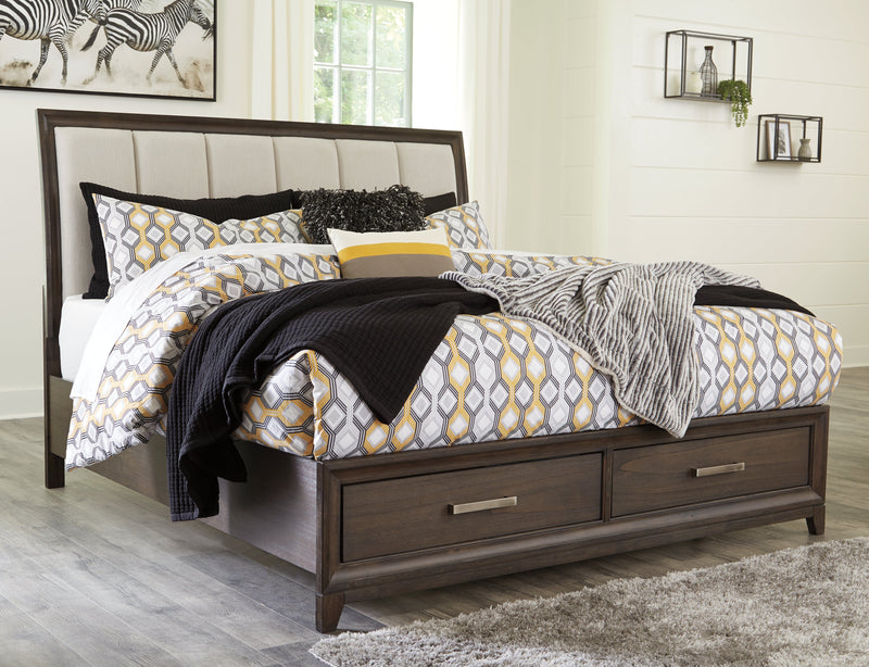 Brueban Rich Brown Gray King Panel Bed With 2 Storage Drawers