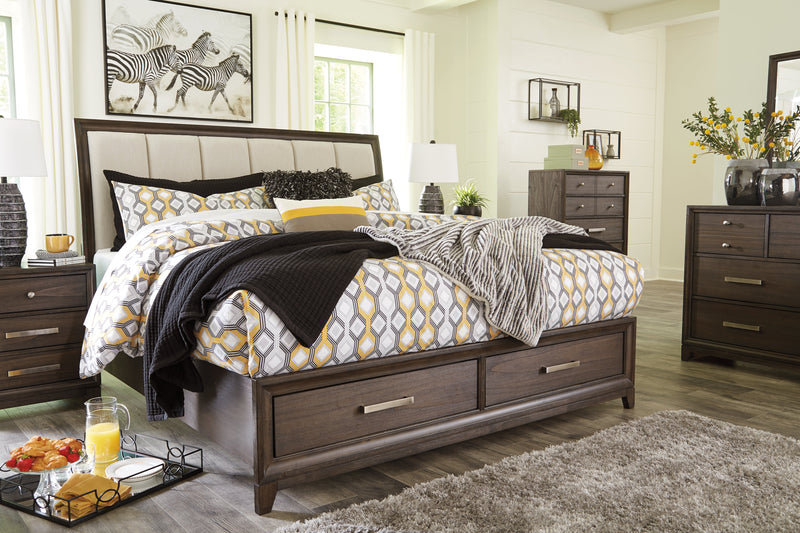 Brueban Rich Brown Gray King Panel Bed With 2 Storage Drawers