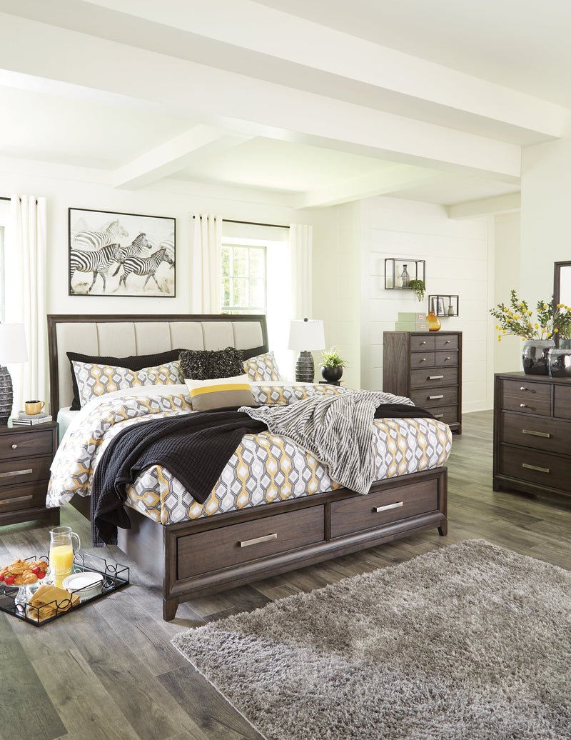 Brueban Rich Brown Gray King Panel Bed With 2 Storage Drawers