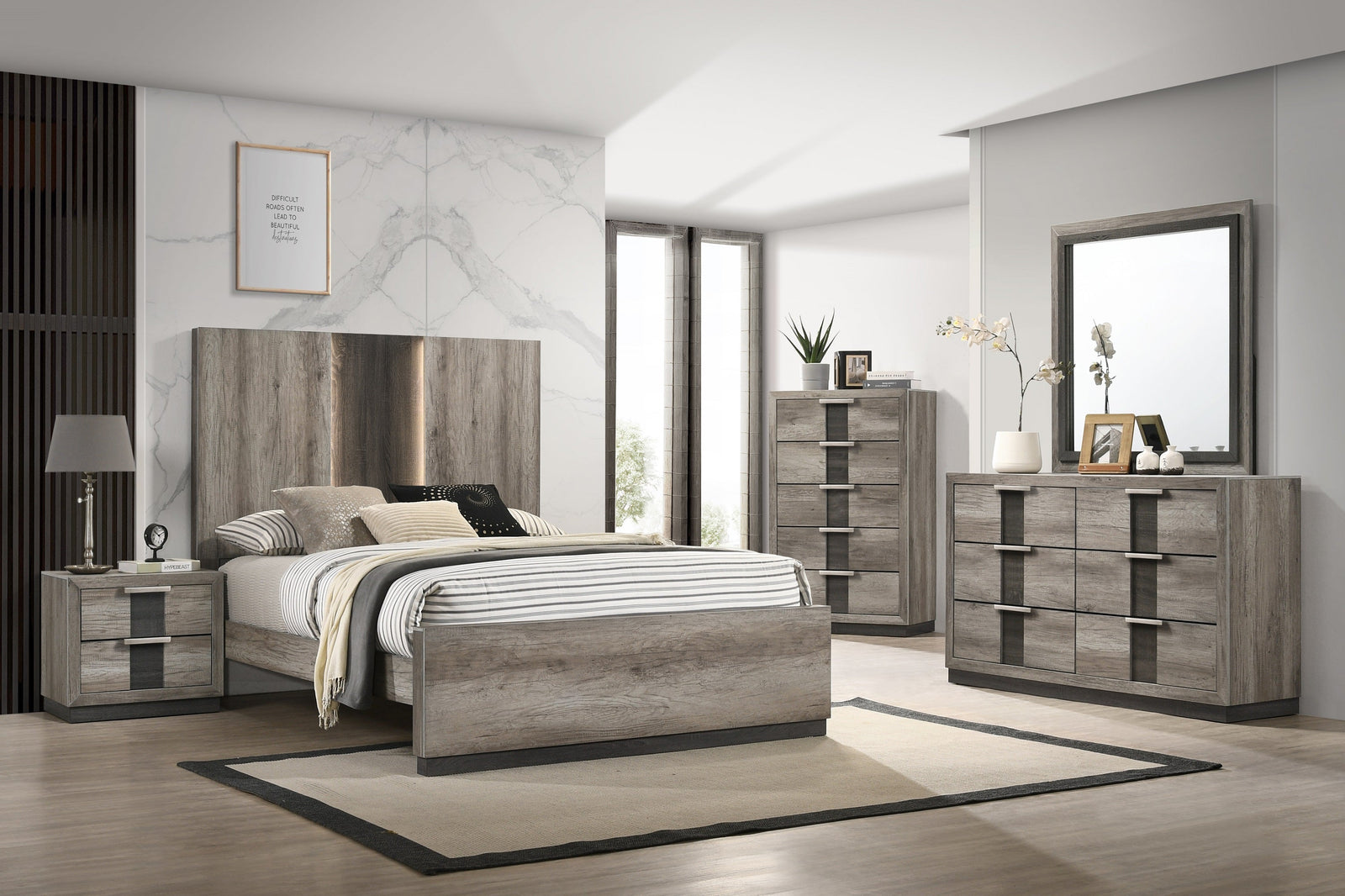 Rangley Light-Brown Contemporary Modern Wood Panel Bedroom Set