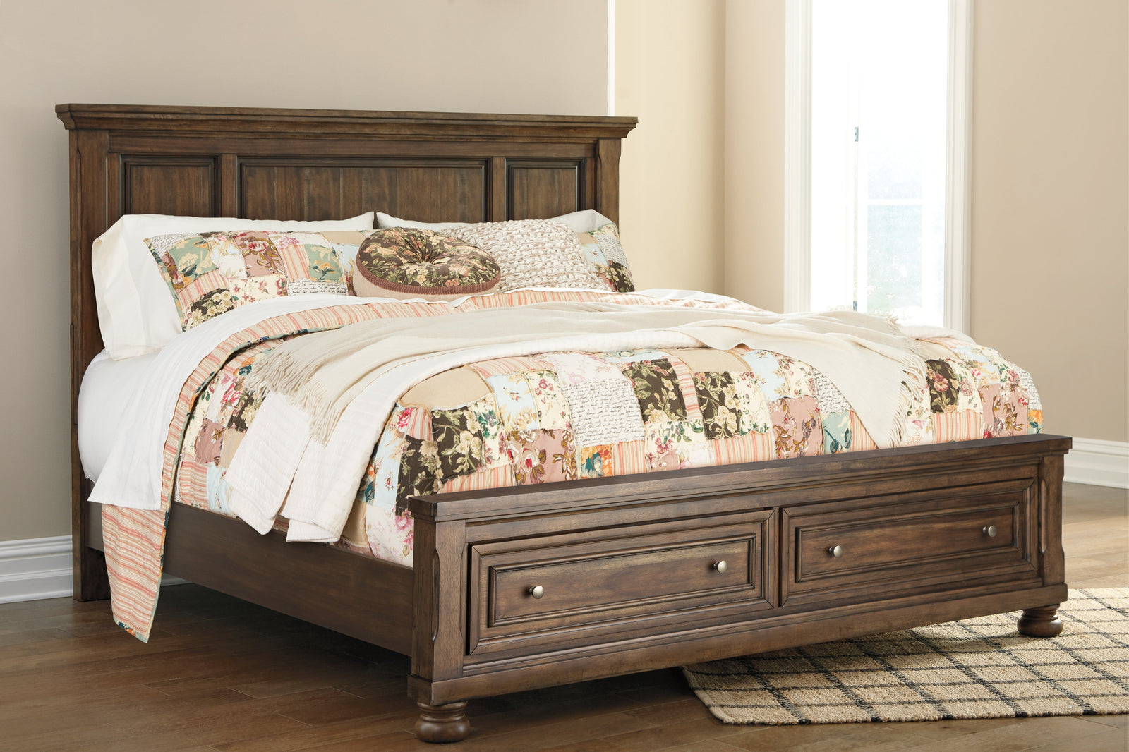 Flynnter Medium Brown Queen Panel Bed With 2 Storage Drawers