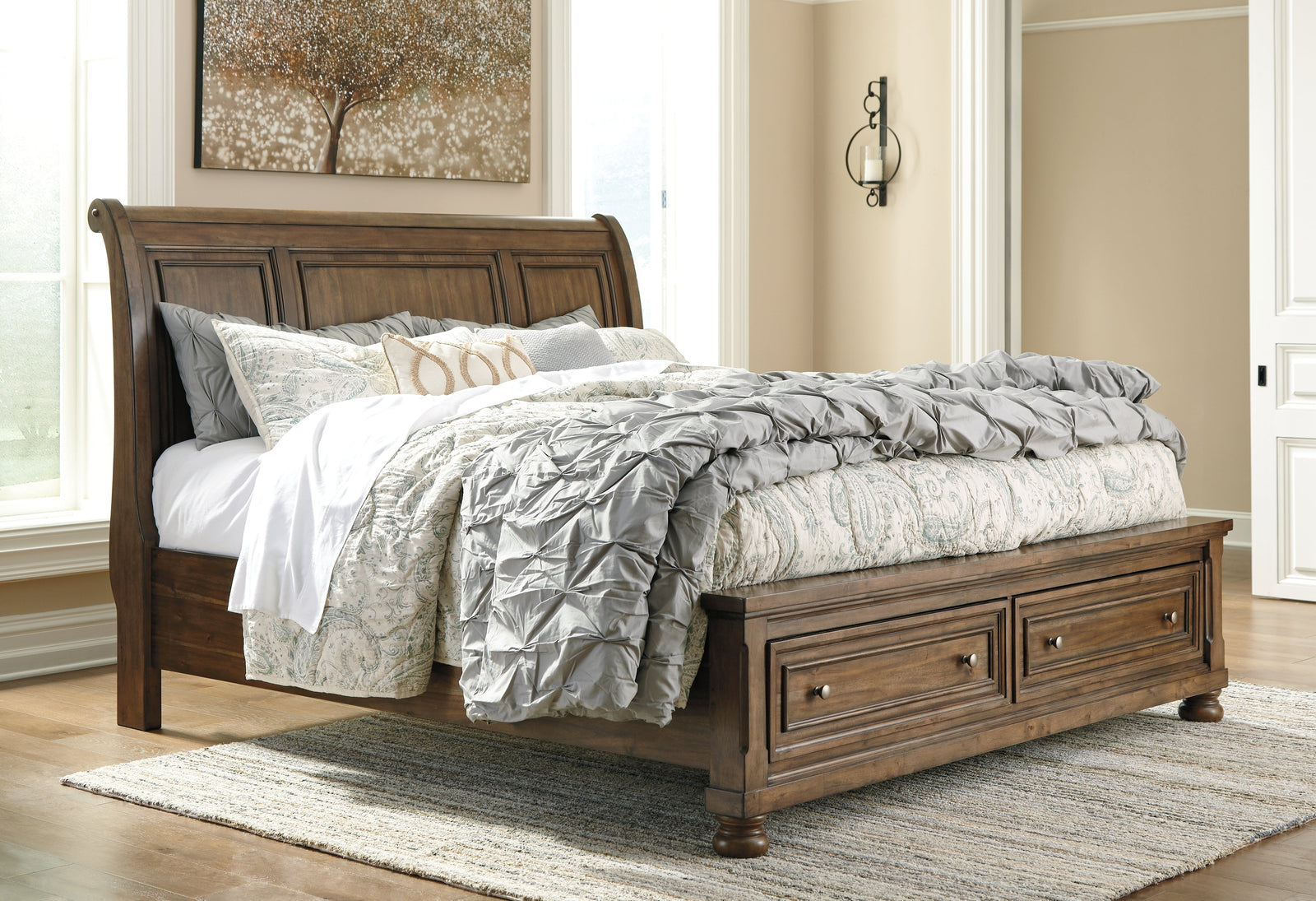 Flynnter Medium Brown Queen Sleigh Bed With 2 Storage Drawers