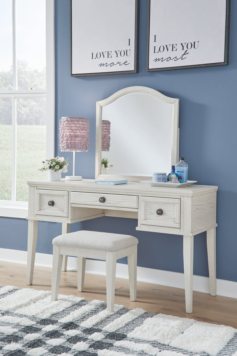 Robbinsdale Antique White Mirrored Vanity With Bench