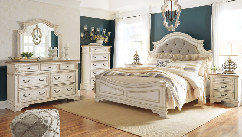 Realyn Chipped White King Upholstered Panel Bed