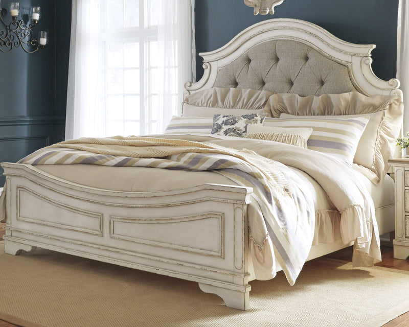 Realyn Chipped White King Upholstered Panel Bed