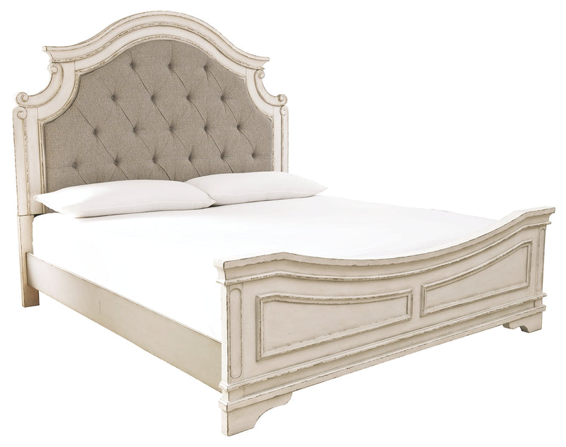 Realyn Chipped White King Upholstered Panel Bed