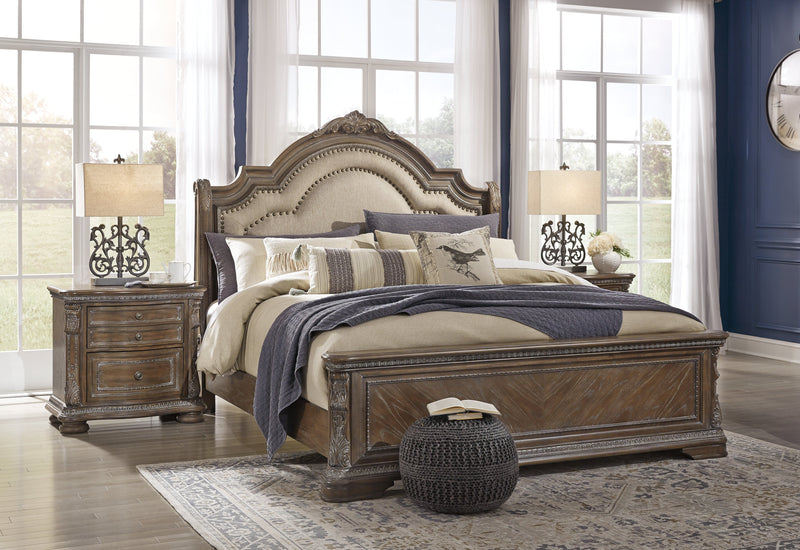 Charmond Brown King Upholstered Sleigh Bed