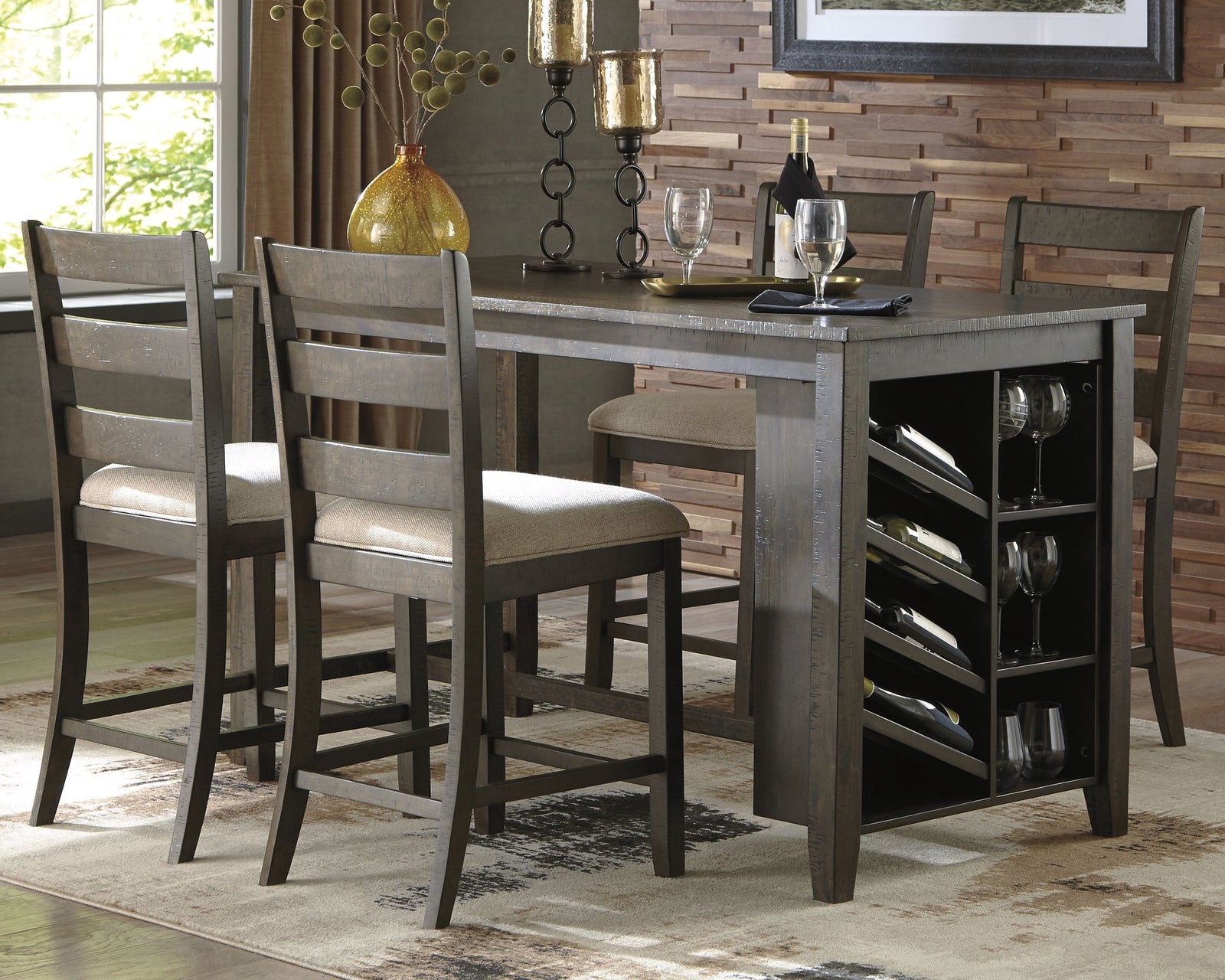 Rokane Brown Counter Height Dining Table And 4 Barstools