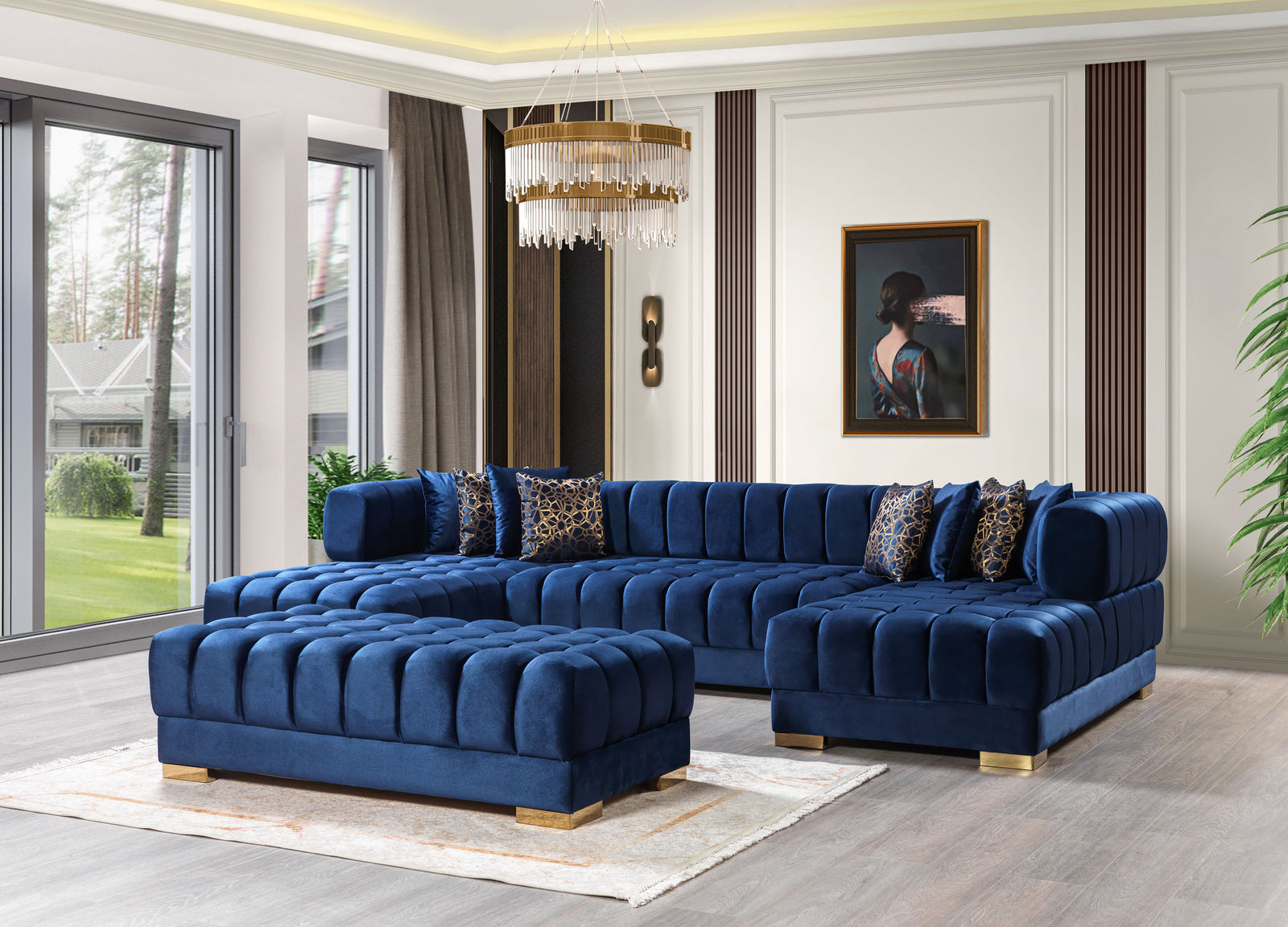 Mia Blue Velvet Double Chaise Sectional