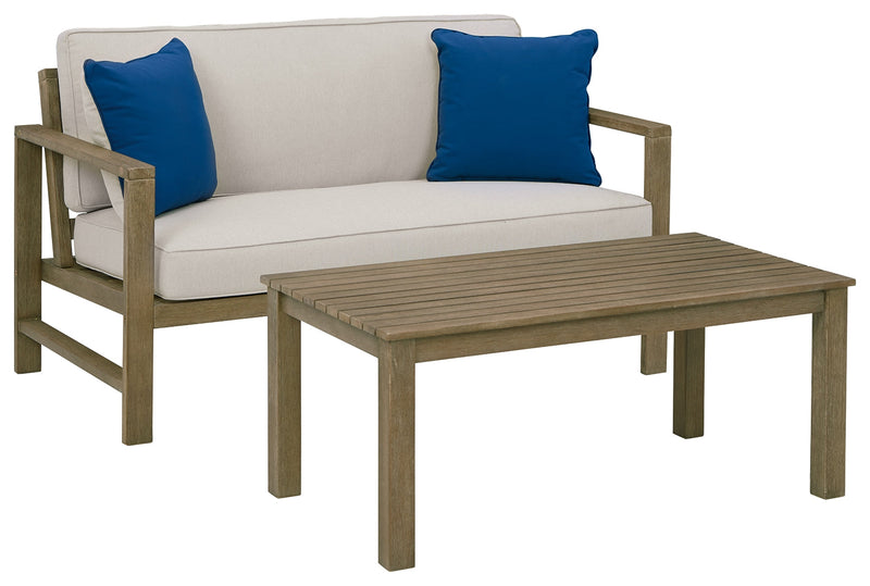 Fynnegan Light Brown Outdoor Loveseat With Table (Set of 2)