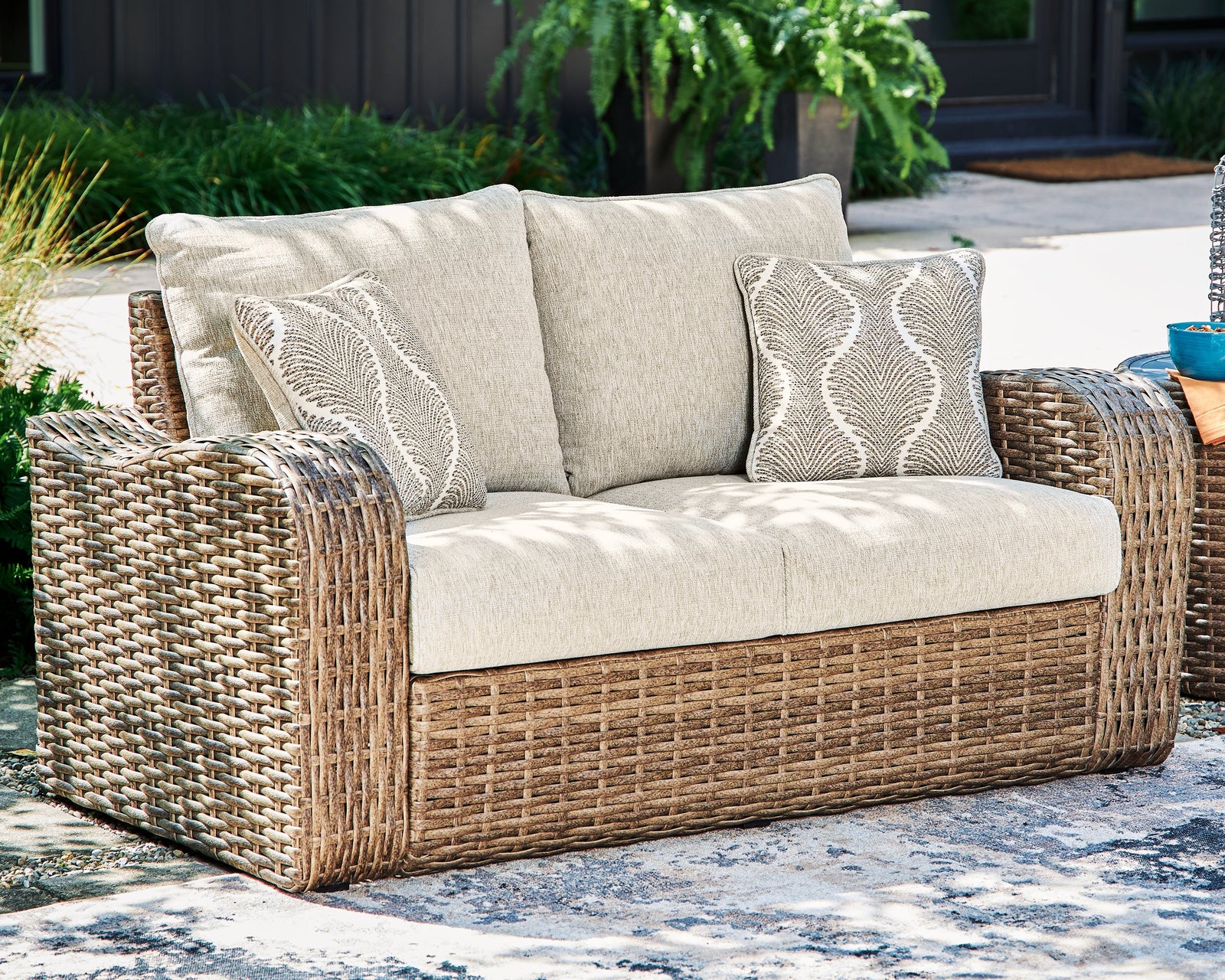 Sandy Bloom Beige Outdoor Loveseat With Cushion