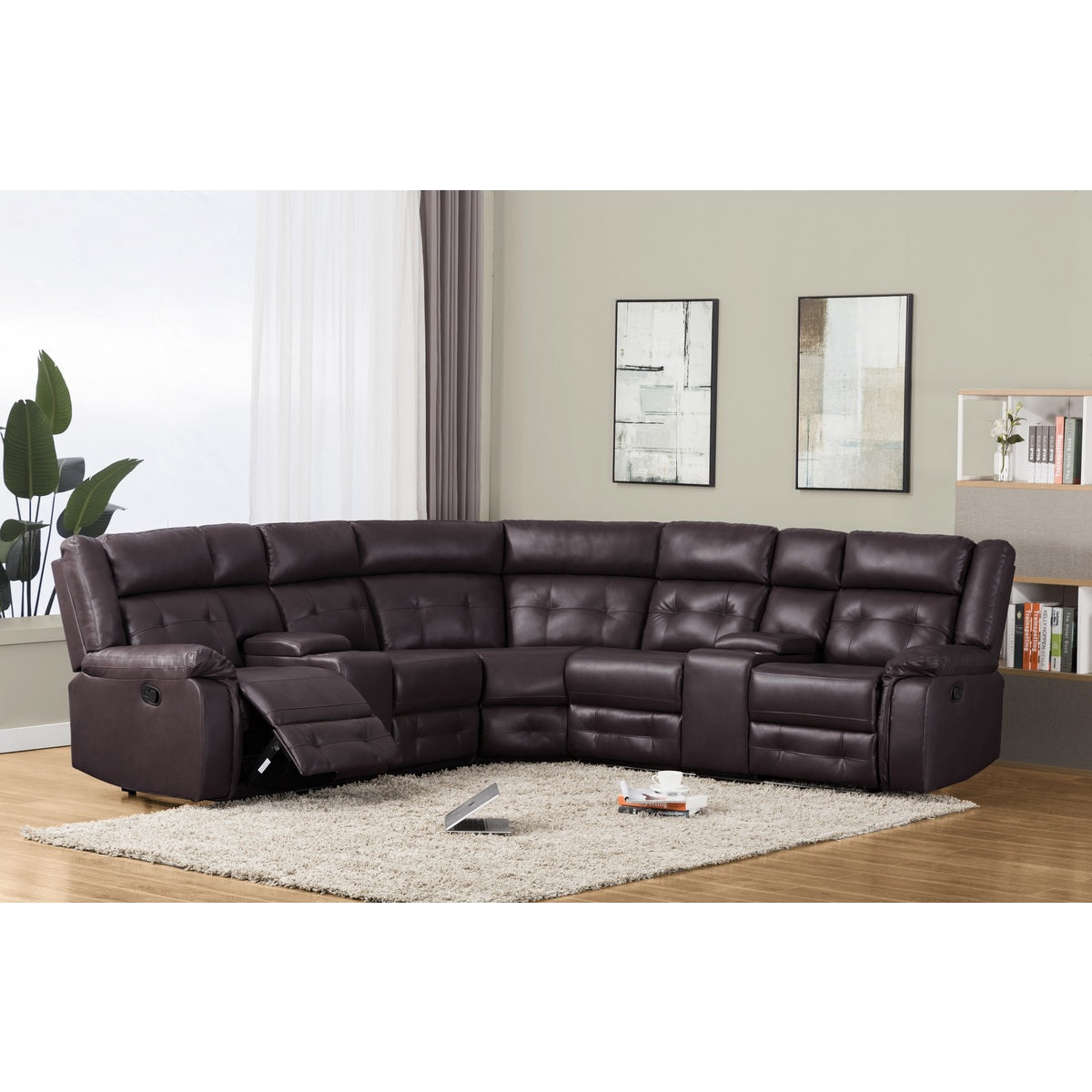 Brown Modern Sleek Contemporary Solid Wood And Plywood Faux Leather Tufted Finish Sectional