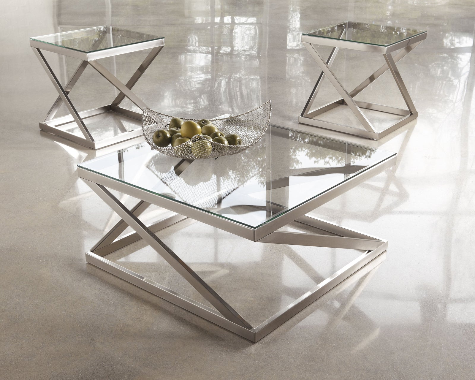 Coylin Brushed Nickel Finish Coffee Table With 2 End Tables