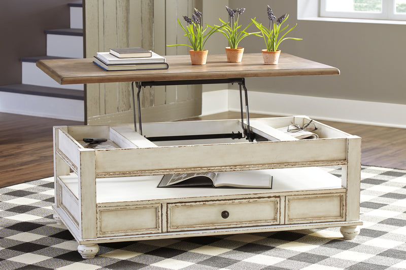 Realyn White Brown Coffee Table With Lift Top