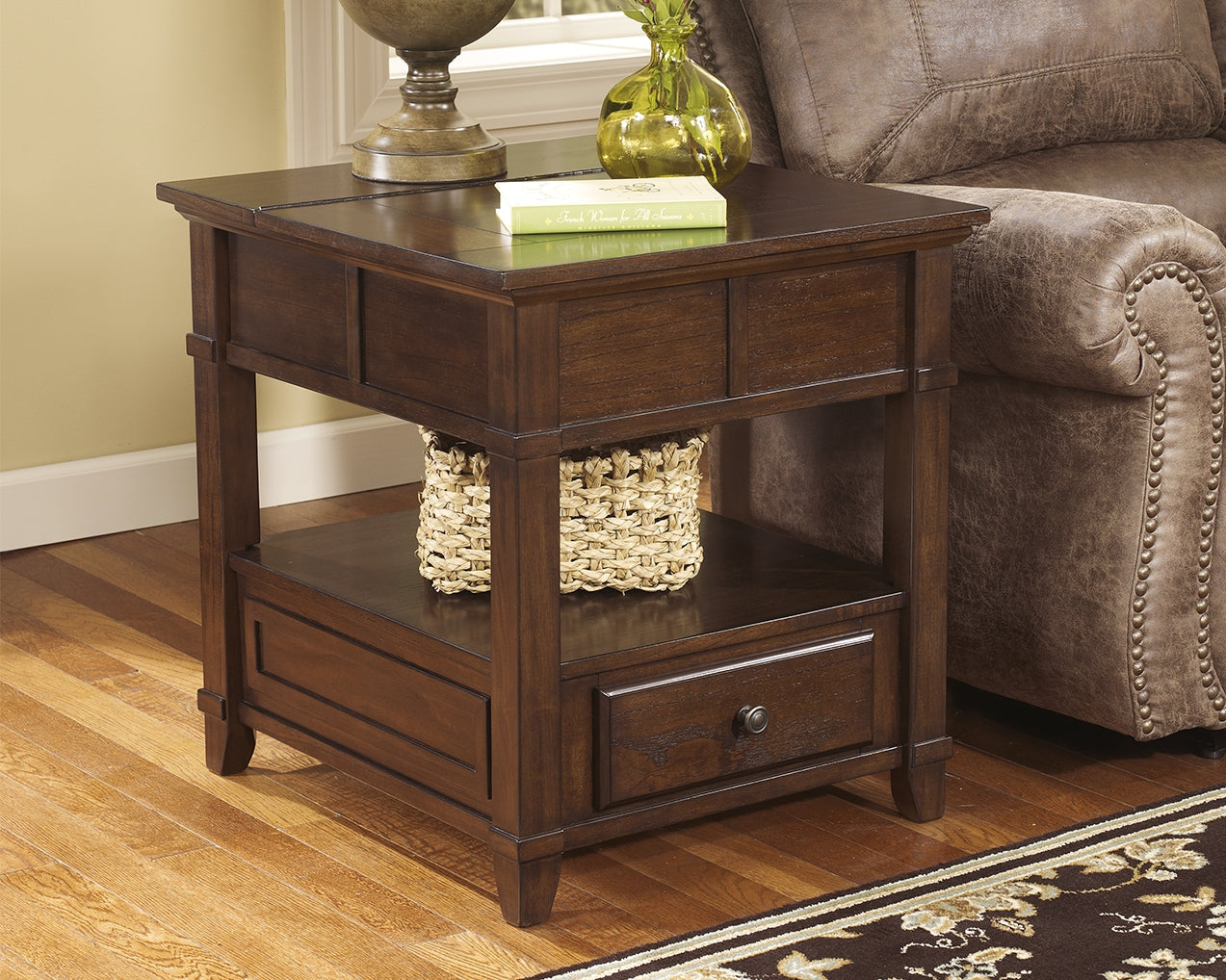 Gately Medium Brown End Table With Storage & Power Outlets