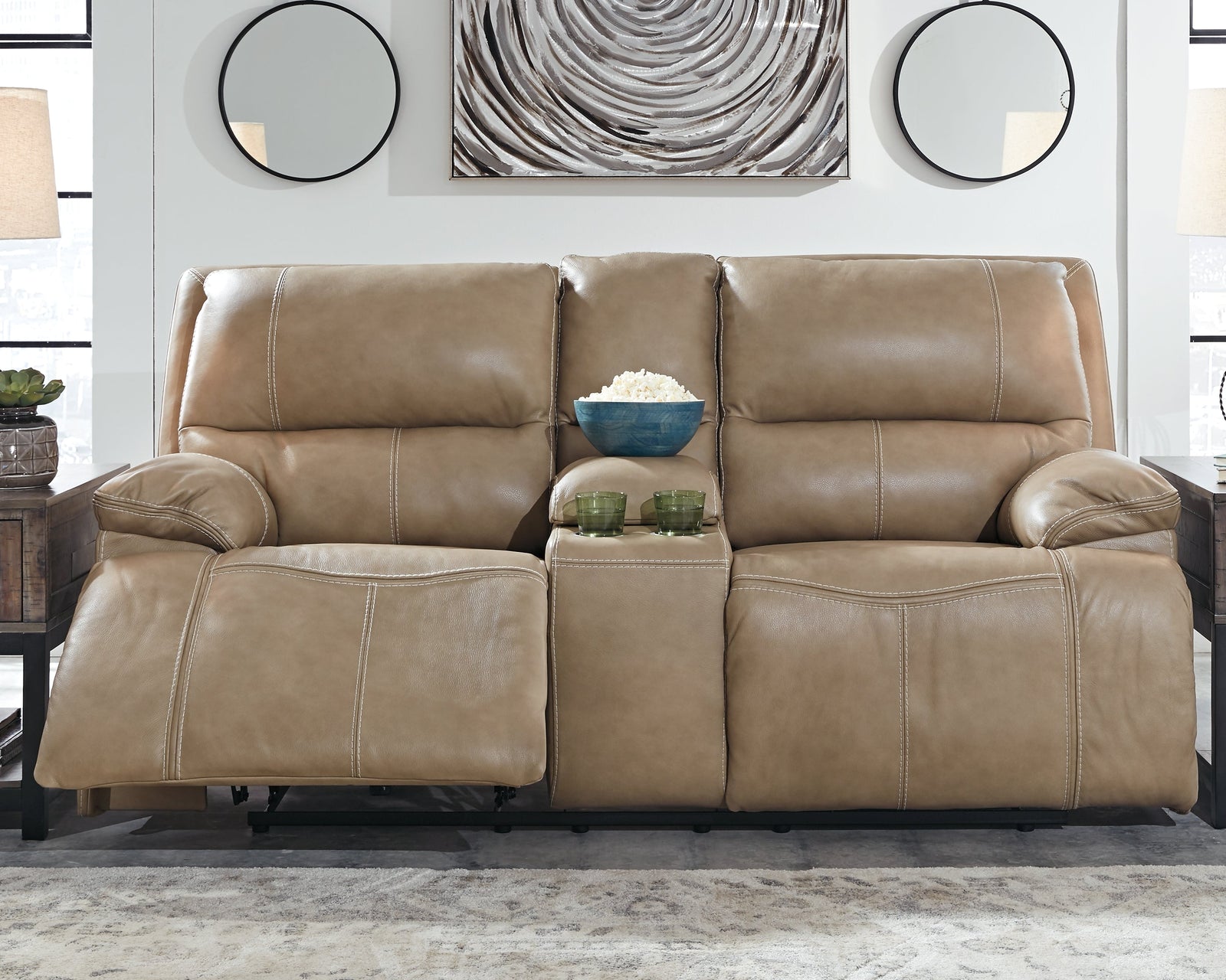Ricmen Putty Leather Power Reclining Loveseat With Console