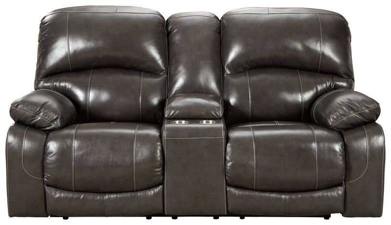 Hallstrung Gray Leather Power Reclining Loveseat With Console