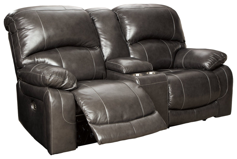 Hallstrung Gray Leather Power Reclining Loveseat With Console