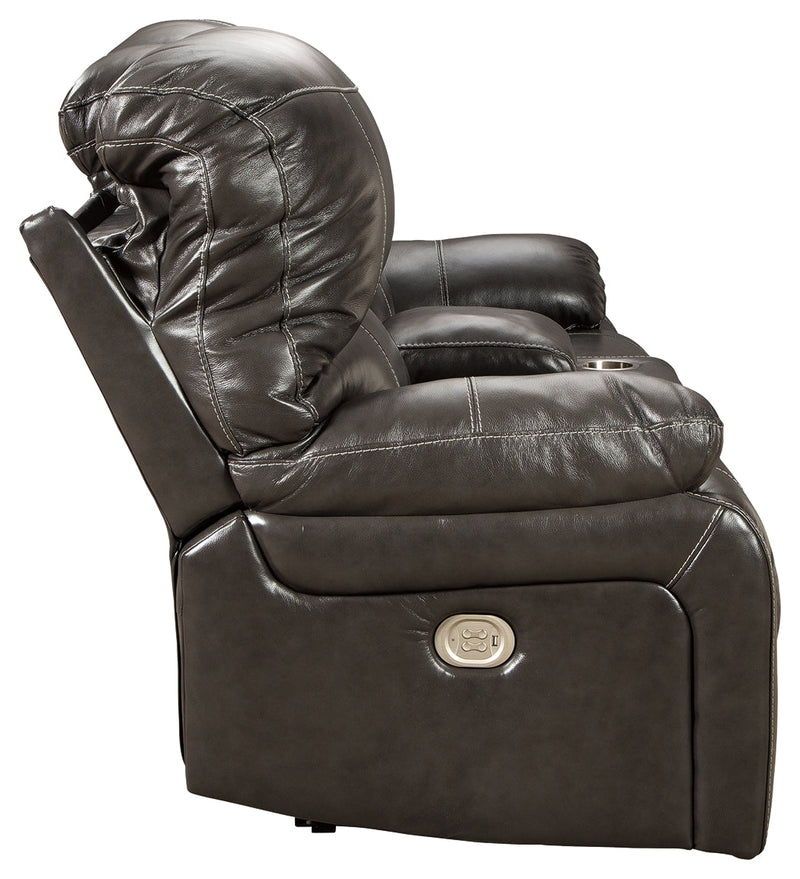 Hallstrung Gray Leather Power Reclining Loveseat With Console