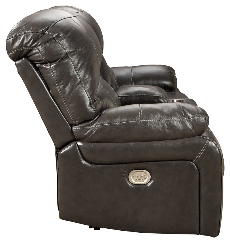 Hallstrung Gray Leather Power Reclining Loveseat With Console