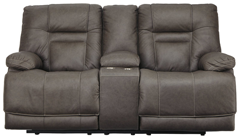 Wurstrow Smoke Leather Power Reclining Loveseat With Console