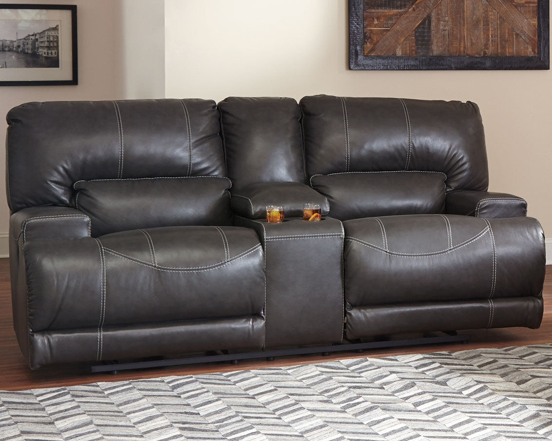 Mccaskill Gray Leather Reclining Loveseat With Console