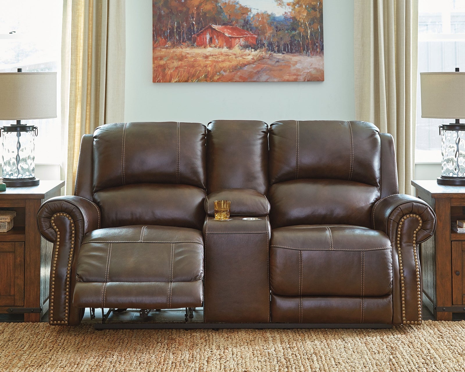 Buncrana Chocolate Leather Power Reclining Loveseat With Console