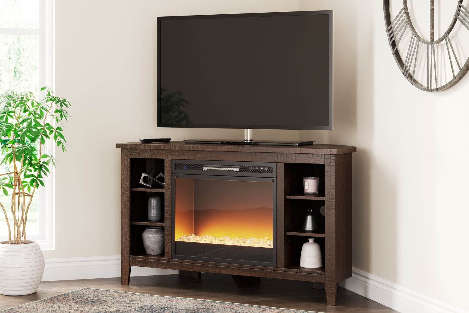 Camiburg Warm Brown Corner Tv Stand With Electric Fireplace