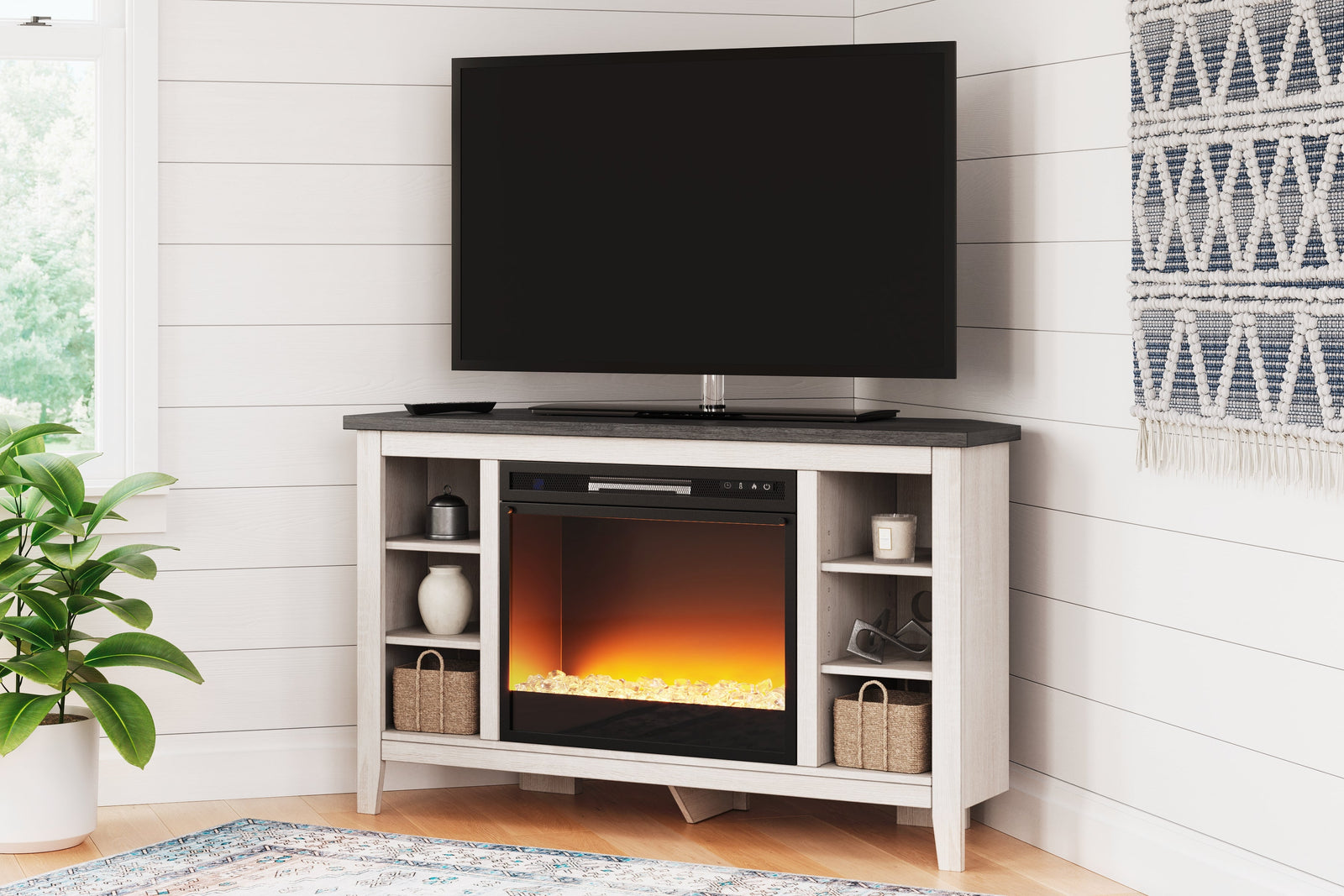 Dorrinson Two-Tone Corner Tv Stand With Electric Fireplace