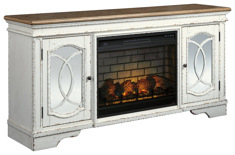 Realyn Chipped White 74" Tv Stand With Electric Fireplace