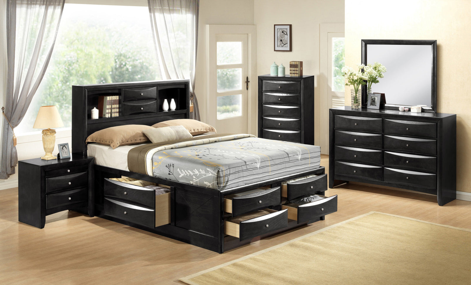 Emily Black Modern Transitional Wood Storage Platform Bedroom Set