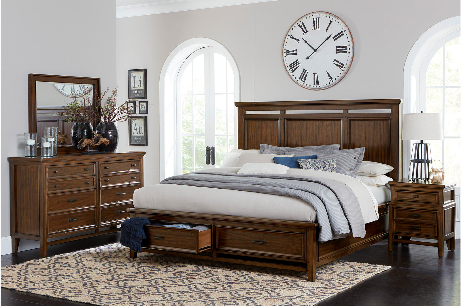 Frazier Park Brown Cherry Modern Contemporary Solid Wood Upholstered Storage Plarform Bedroom Set